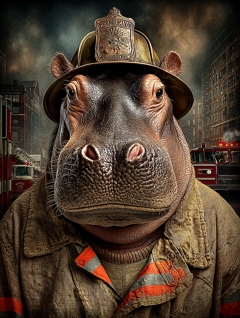 Fireman Hippopotamus Digital Download Wall Art