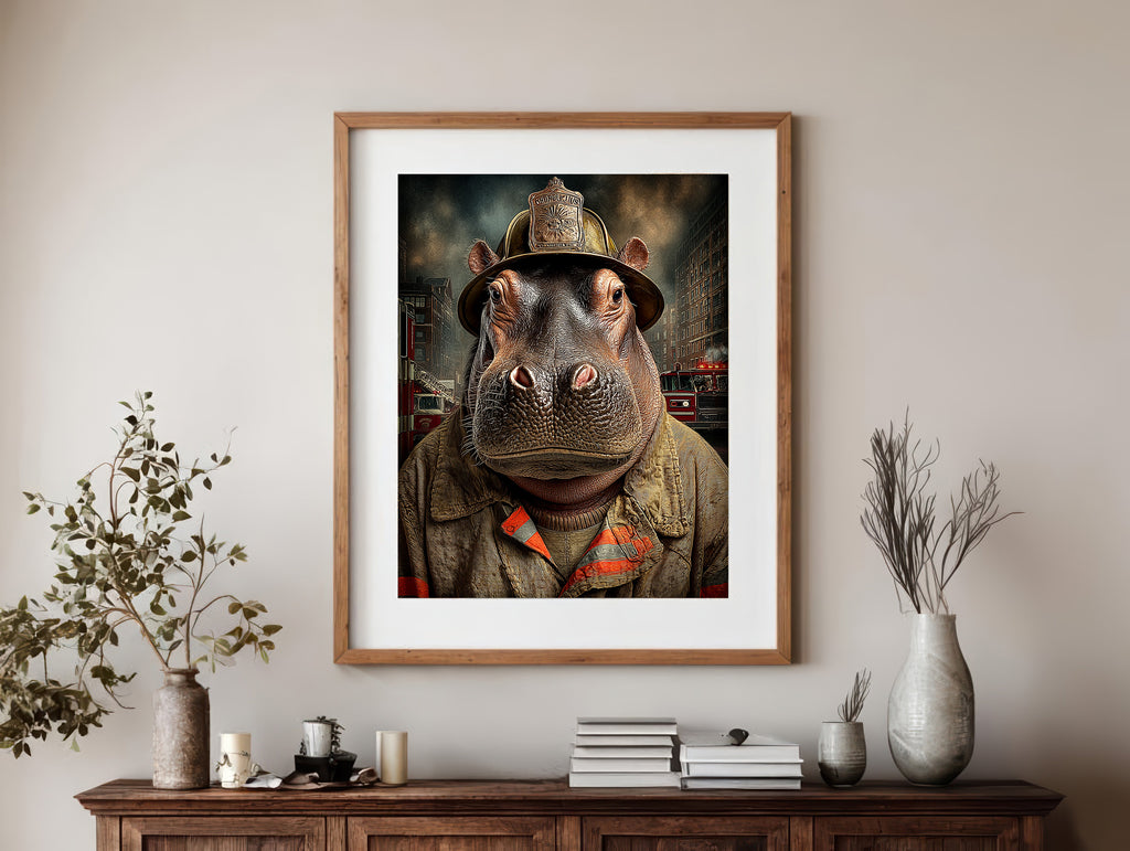 Fireman Hippopotamus Digital Download Wall Art