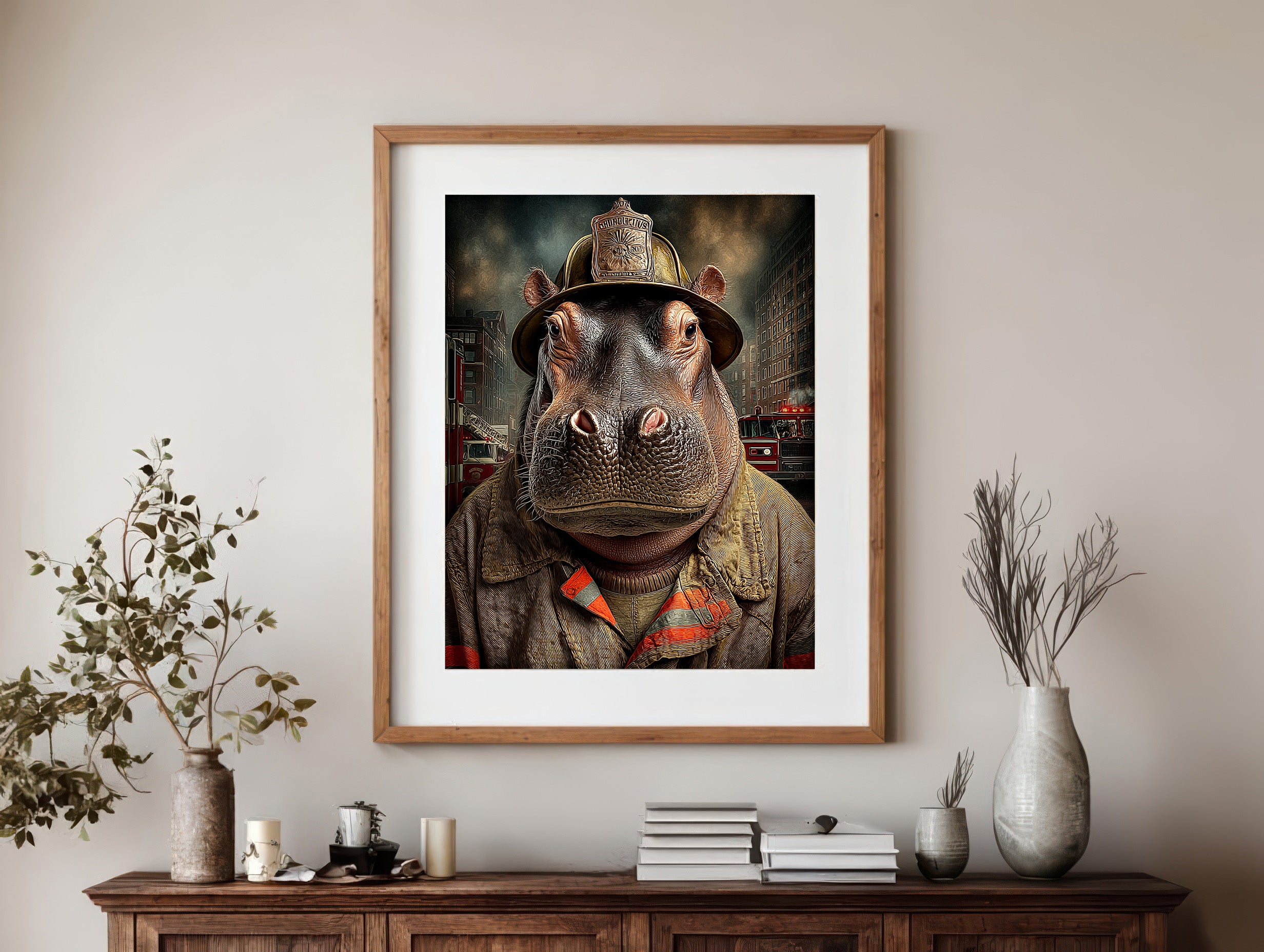Fireman Hippopotamus Digital Download Wall Art