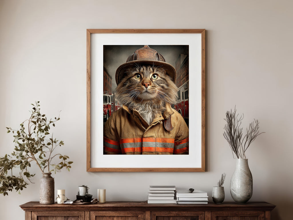 Fireman Maine Coon Cat Digital Download Wall Art