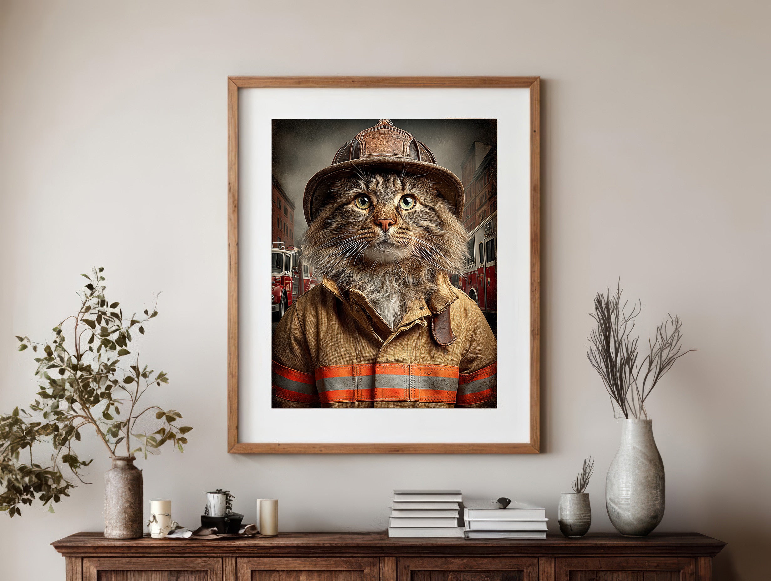 Fireman Maine Coon Cat Digital Download Wall Art